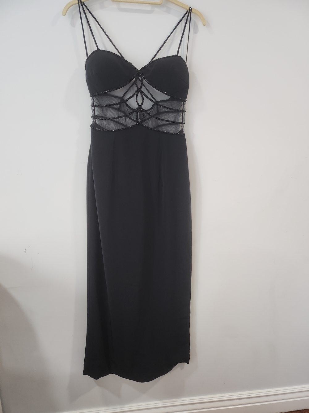 Cache Black Strappy Mesh Midi Dress